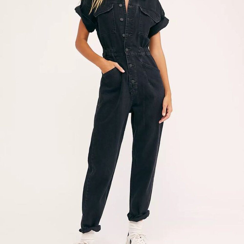 Free People Marci Denim Utility Coveralls Jumpsuit Iron Black